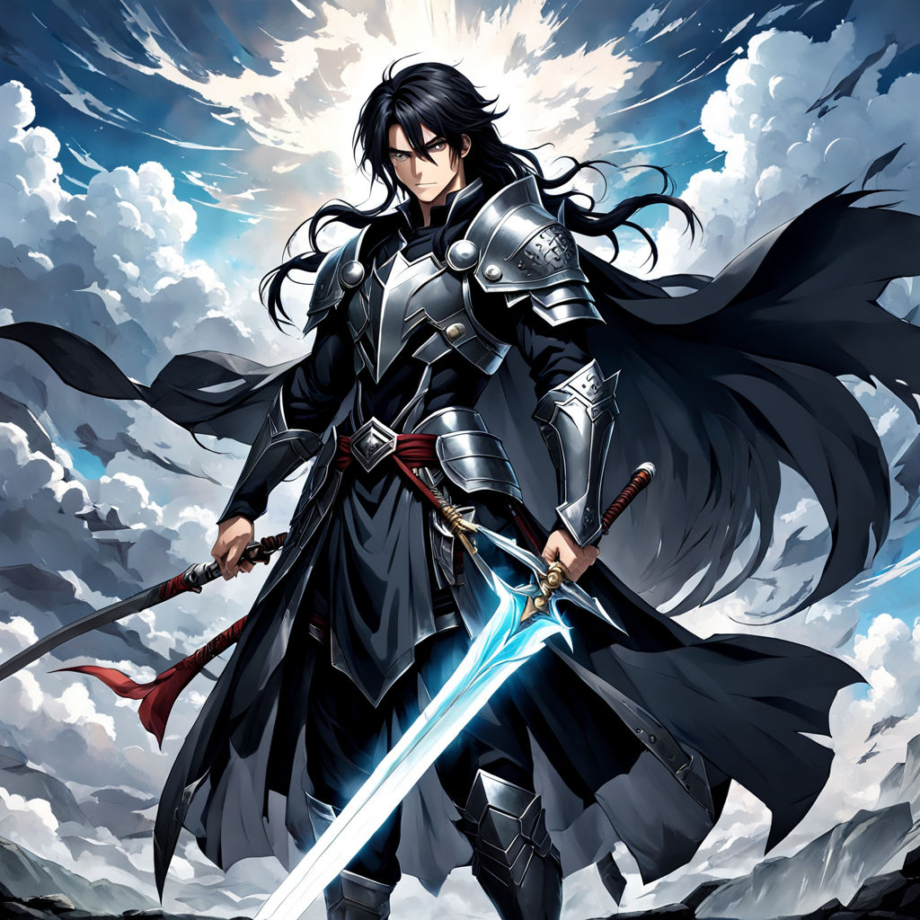 Anime art of a male warrior with long black hair by Naser Redoff