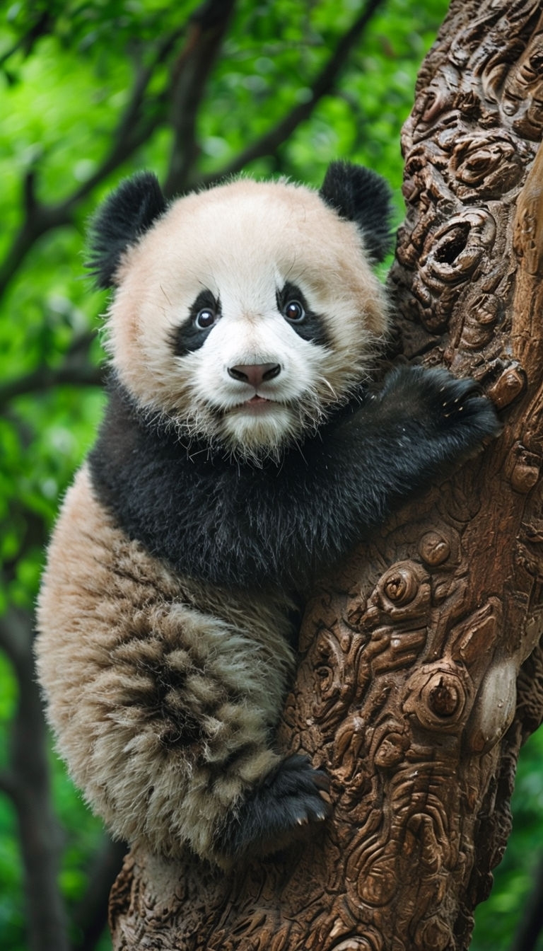 Endearing Young Giant Panda Climbing Tree Trunk Mobile Wallpaper