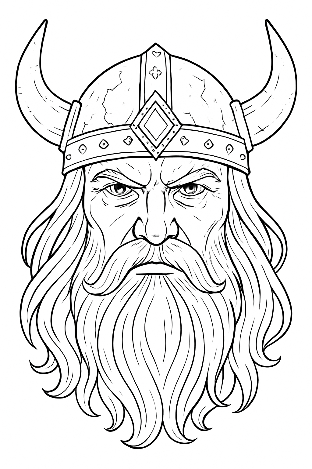 Detailed Black and White Viking Face Line Drawing Coloring Book Pages