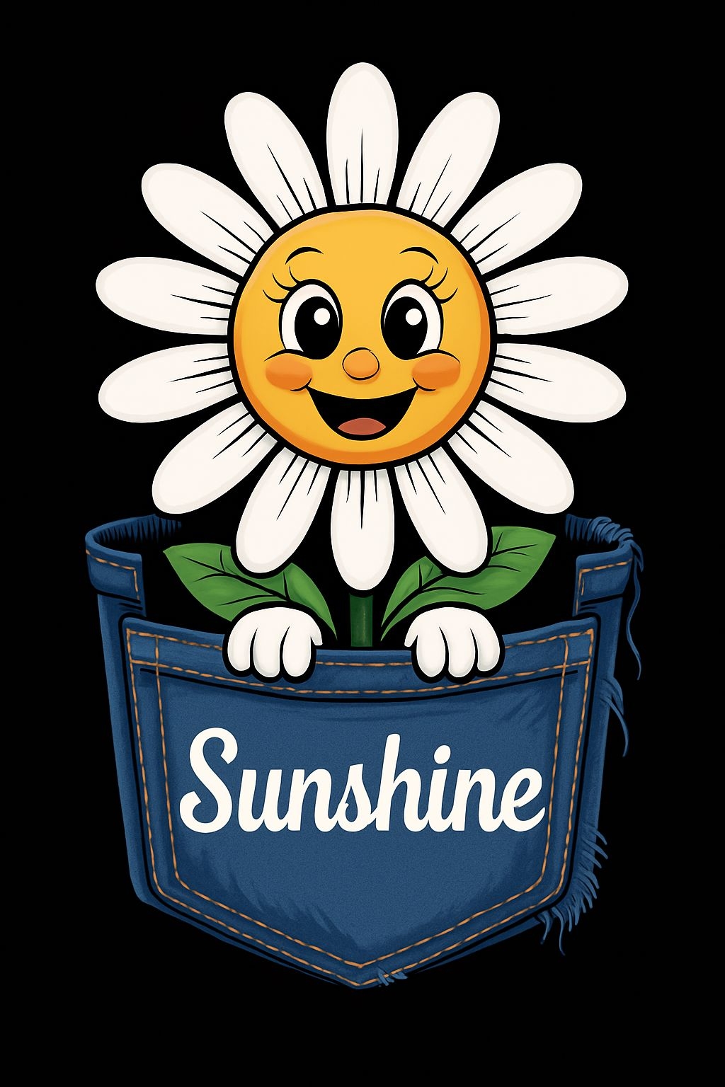 Cheerful Daisy Character Emerging from Denim Pocket T-Shirt