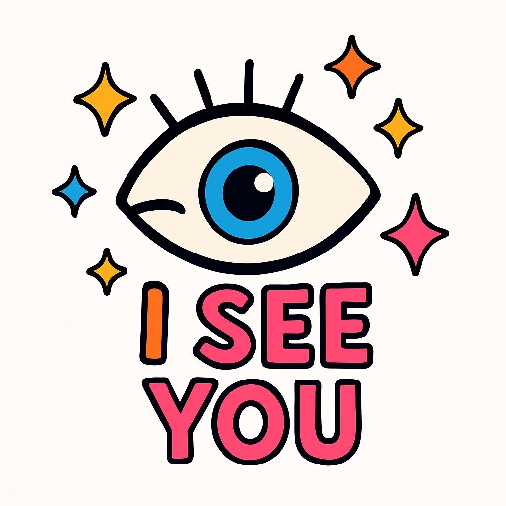 Playful Cartoon Eye with Colorful Sparkles and Text Sticker