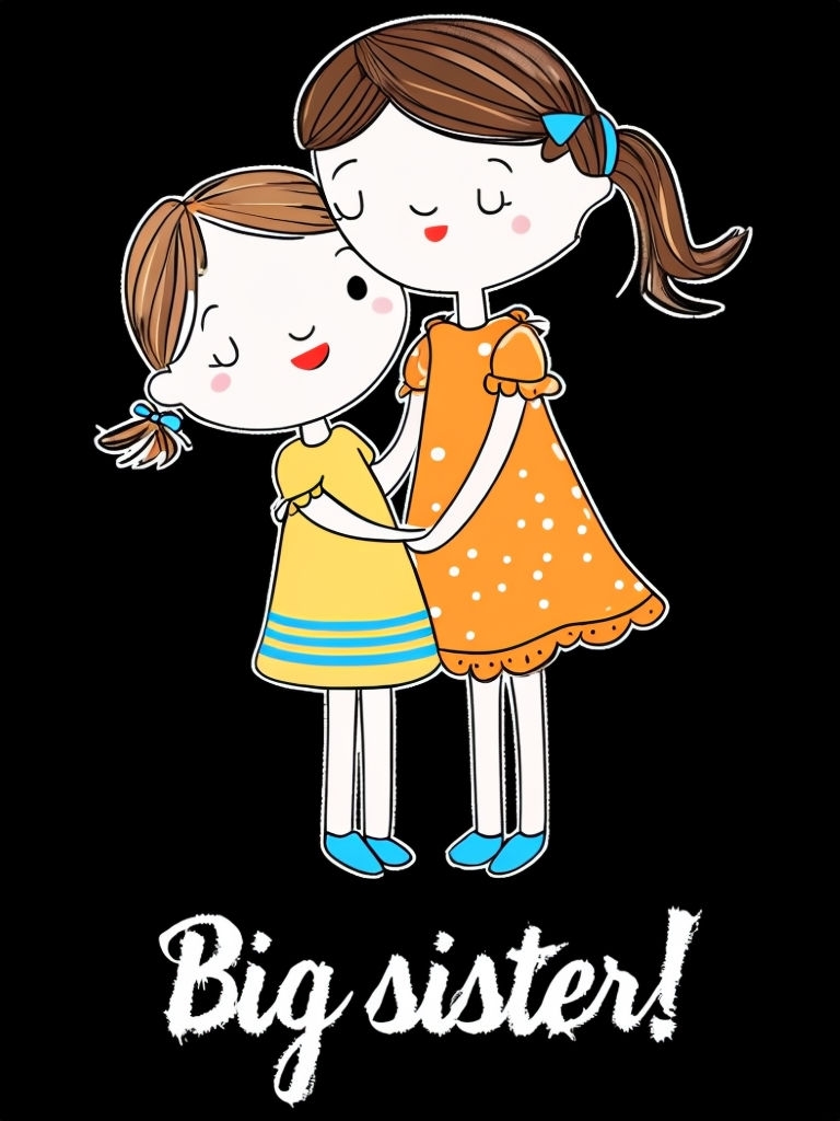 Heartwarming Cartoon Big Sister and Little Sister Embrace T-Shirt