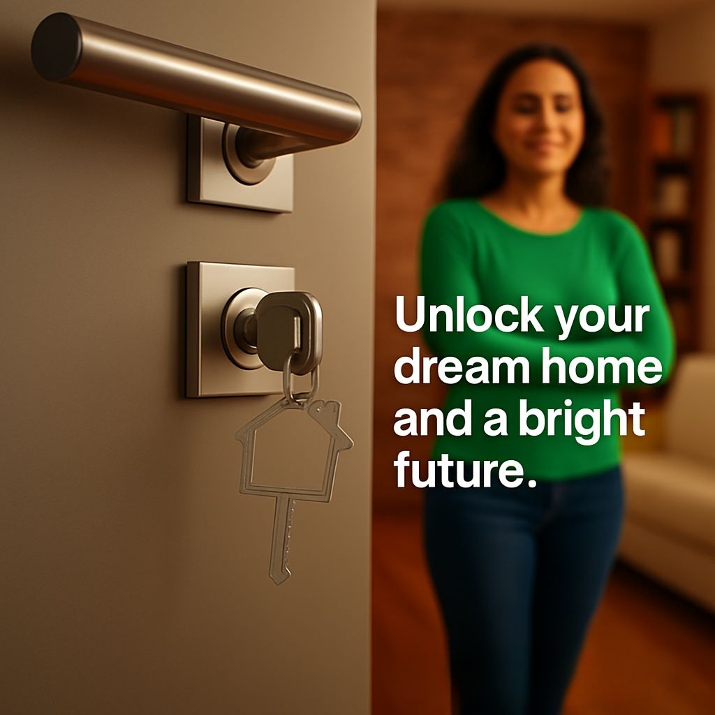 Vibrant Green Shirt Woman Unlock Your Dream Home Poster Ads