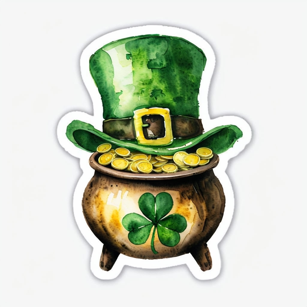 Rustic Three-Legged Pot with Gold Coins and Clover Sticker