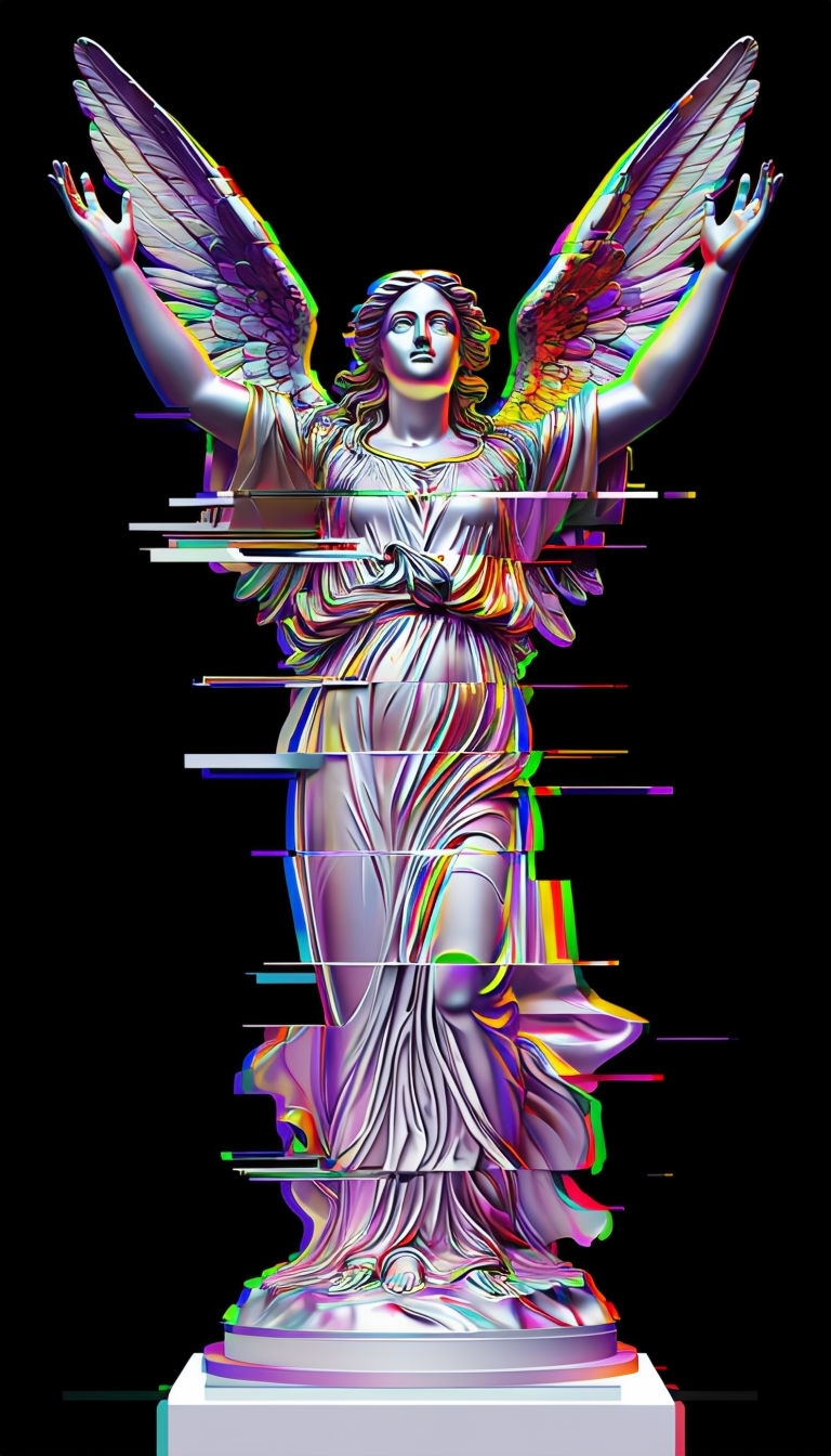 Distorted Angelic Statue in Vibrant Glitch Art Mobile Wallpaper