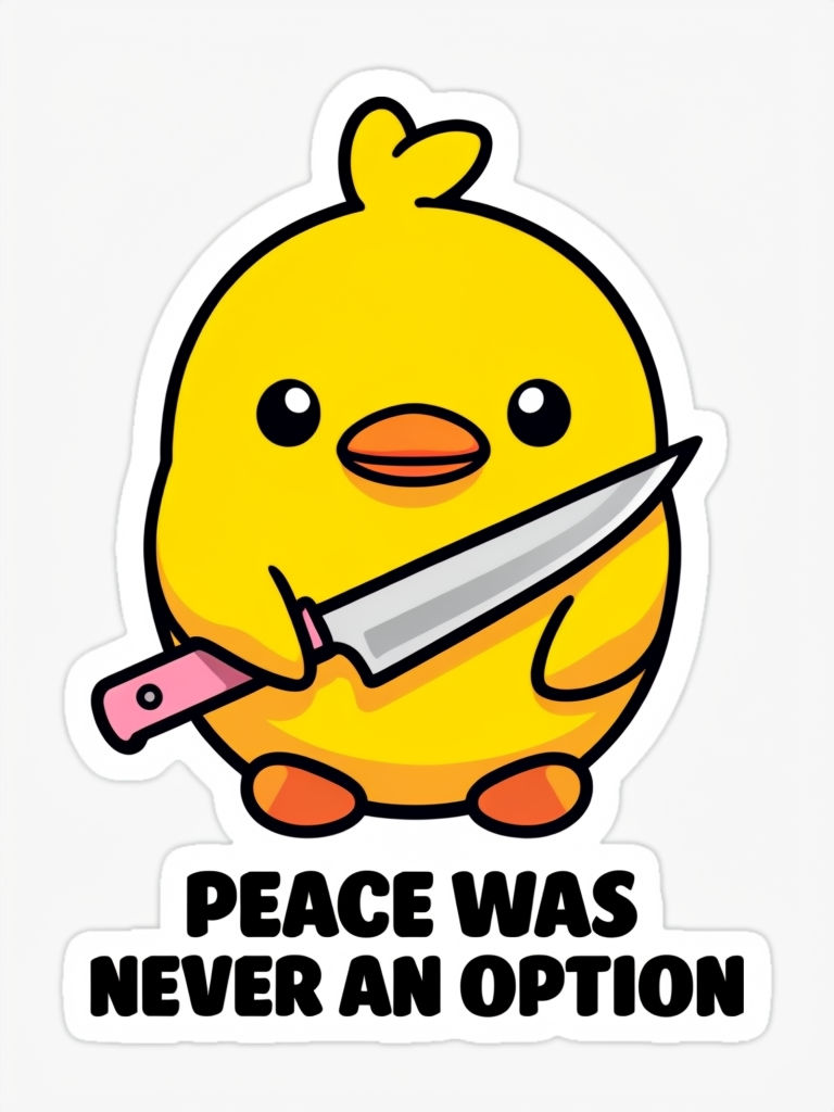 Whimsical Cartoon Chick with Knife and Dark Humor Text Sticker