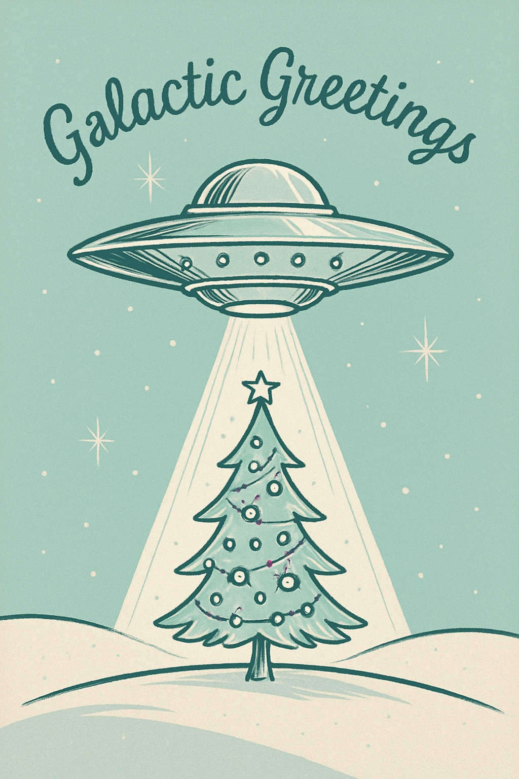 Whimsical Retro UFO Christmas Tree Illustration Card 