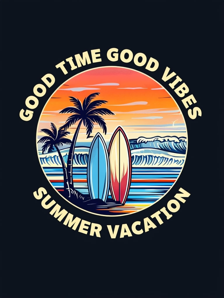 Retro Tropical Beach Sunset Design with Surfboards T-Shirt