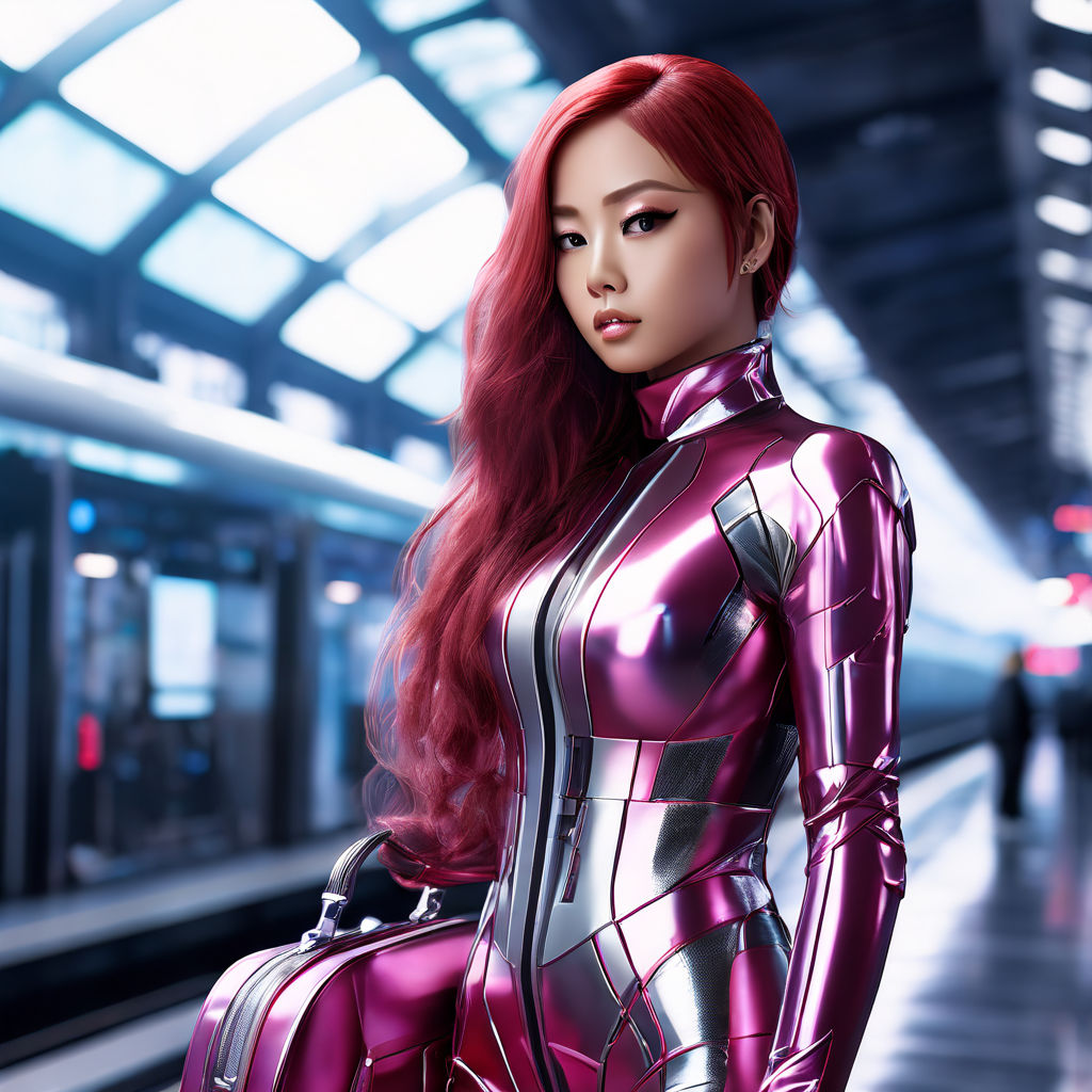 wearing a gradient light pink latex futuristic suit