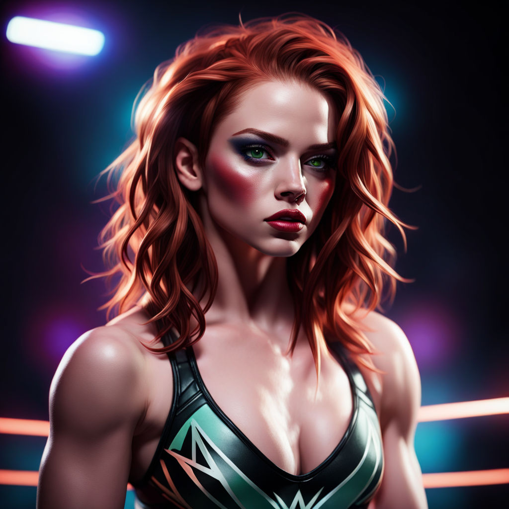 Redhead woman poses dramatically at the center of a wrestling ring