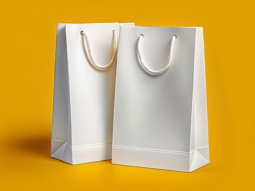 Minimalist White Shopping Bags on Vibrant Yellow Background Mockup