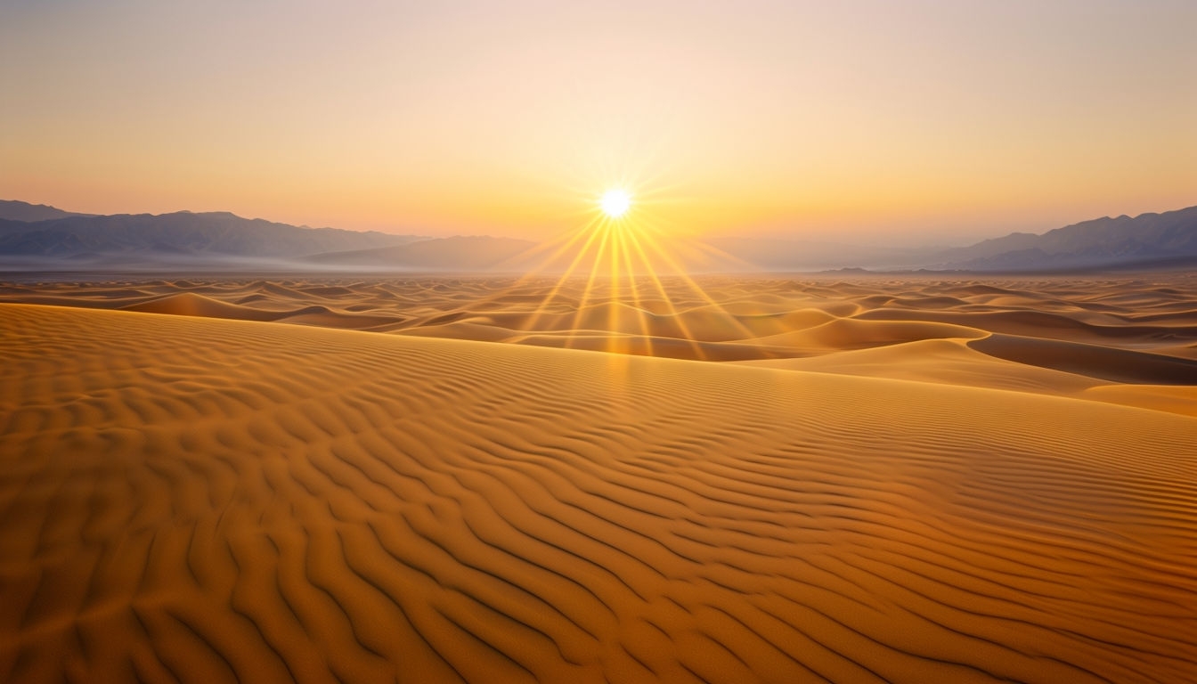 Serene Sunrise Desert Landscape with Golden Sand Dunes Virtual Backgrounds