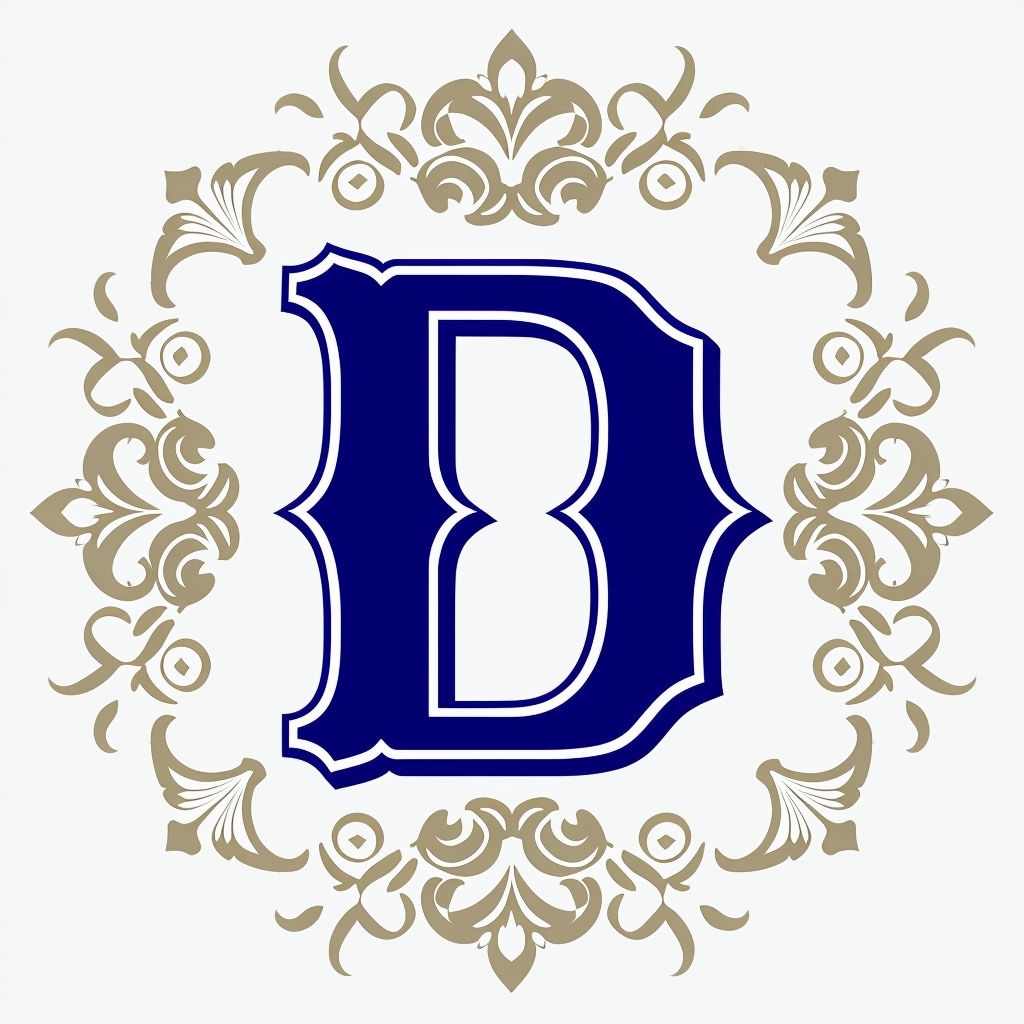 Elegant Dark Blue Letter D with Ornate Damask Patterns Monogram