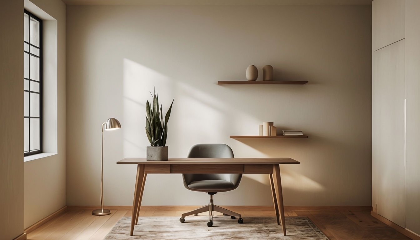 Minimalist Home Office Design with Soft Natural Light Background