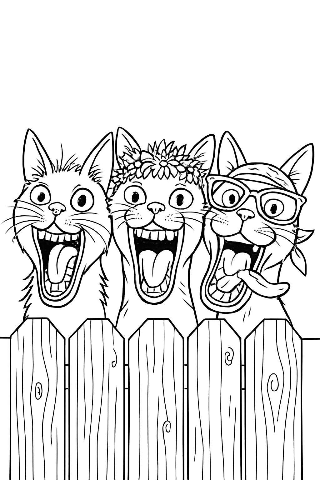 Playful Cartoon Cats Behind Fence Illustration Coloring Book Pages