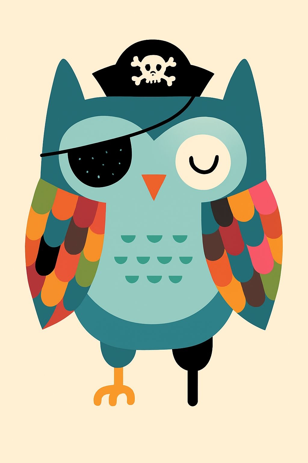 Whimsical Pirate Owl Cartoon Illustration Art