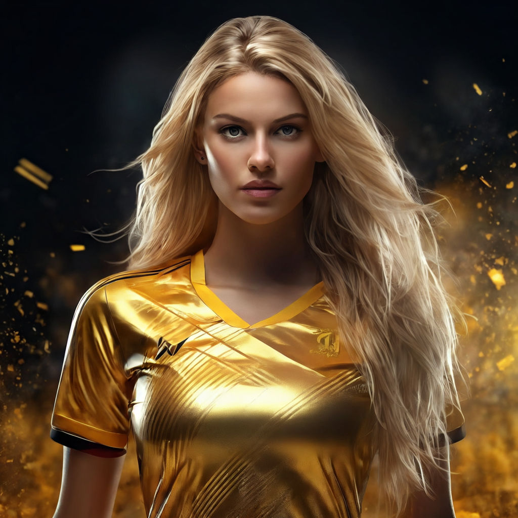 young beautiful woman in sexy argentina team soccer t-shirt and blond and  voluminous hair with hands down with albiceleste polo shirt with  interspersed columns