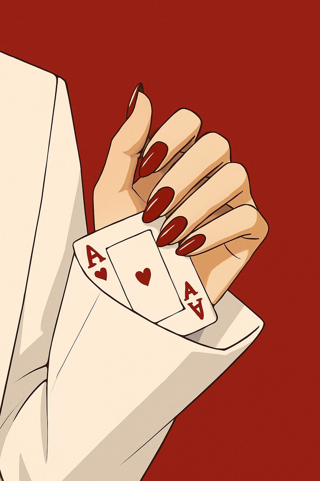 Glossy Dark Red Nails Holding Playing Cards Illustration Mobile Wallpaper