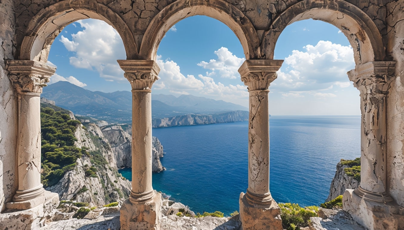 Serene Coastal Landscape Through Ornate Stone Arches Virtual Backgrounds