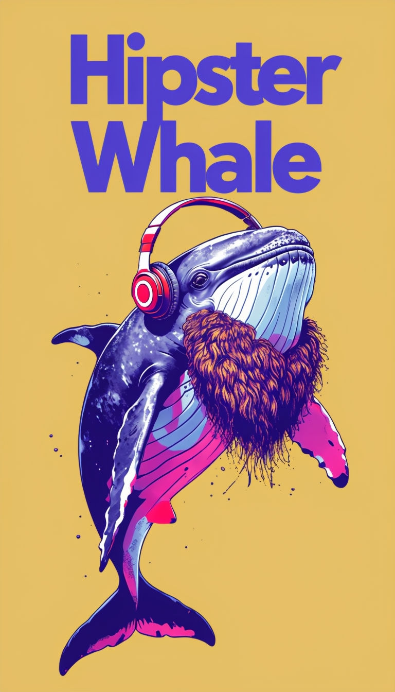 Vibrant Hipster Whale Graphic for Retro 1970s T-Shirt Design