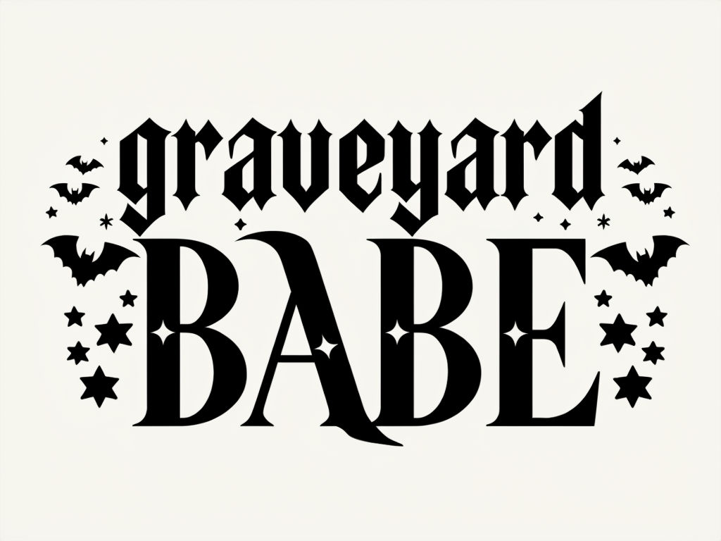 Gothic Graveyard Babe Halloween T-Shirt Design with Bats and Stars