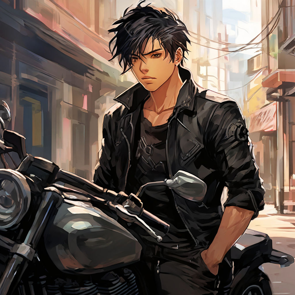 A handsome anime man with motorcycle