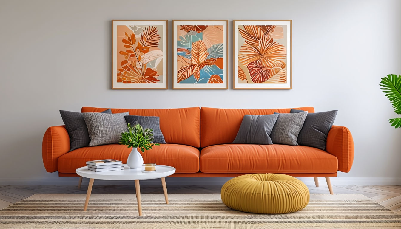 Stylish Modern Living Room Design with Cozy Burnt Orange Sofa Art