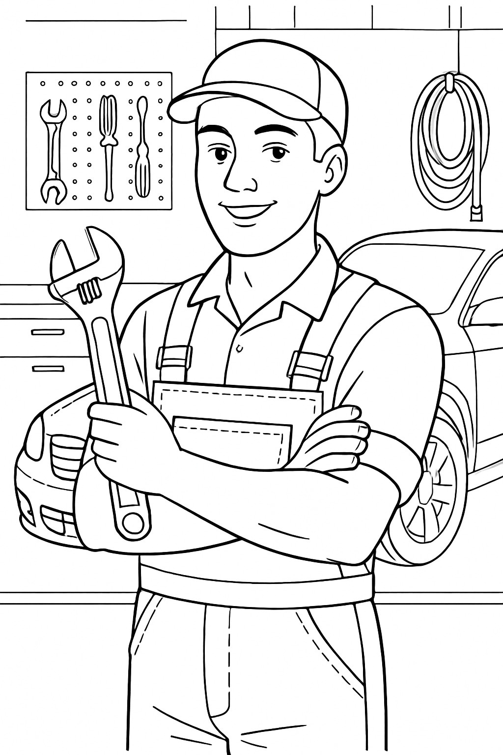 Confident Young Mechanic in Automotive Workshop Coloring Book Page