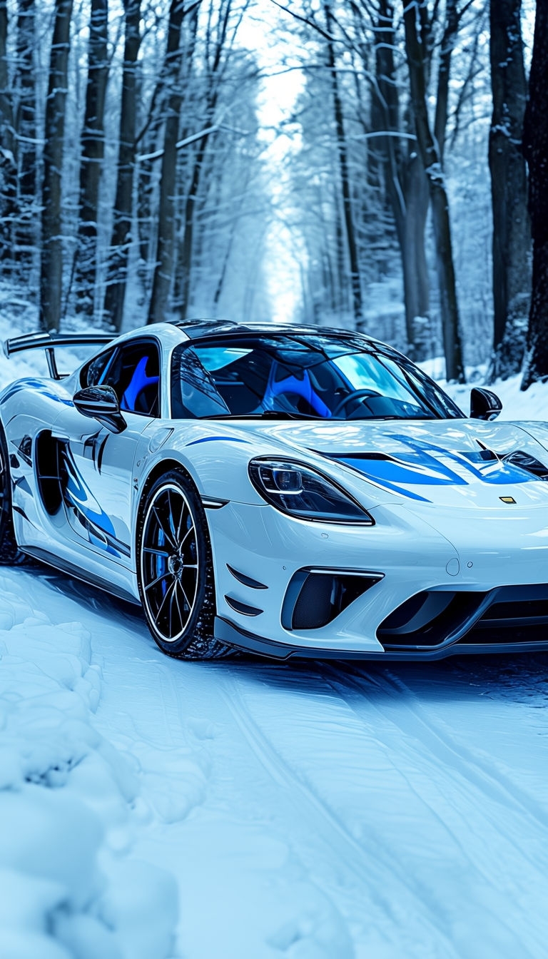 Sleek White Sports Car in Snowy Forest Scene Mobile Wallpaper