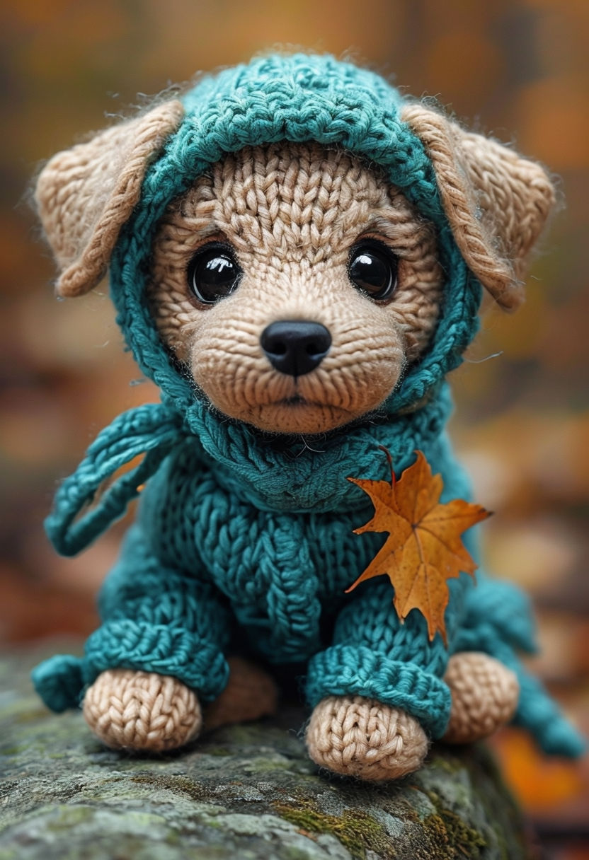 Adorable Knitted Puppy Toy in Autumn Setting Poster