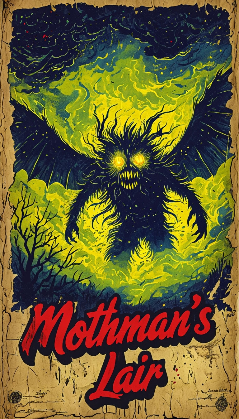 Eerie Vintage Horror Poster of Mothman's Lair with Dark Atmosphere