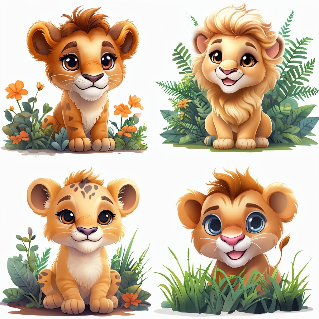 Adorable Cartoon Lion Cubs in Nature Seamless Pattern