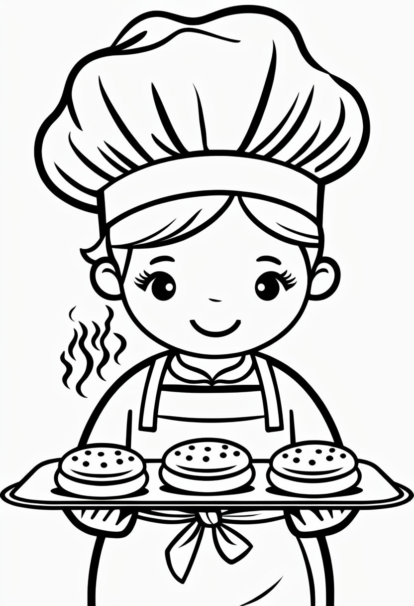 Cheerful Baker Character with Cookies Simple Line Drawing Coloring Book Pages