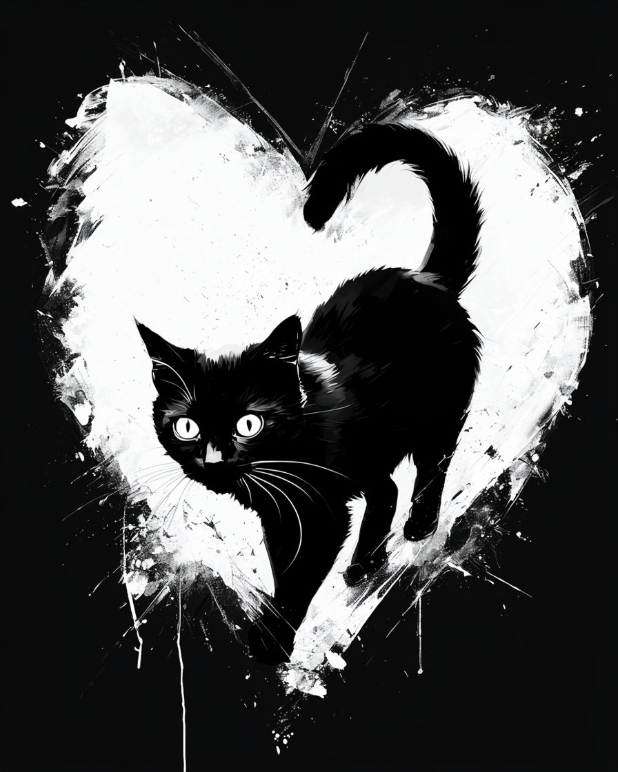 Striking Black and White Cat Illustration with Eerie Atmosphere Poster