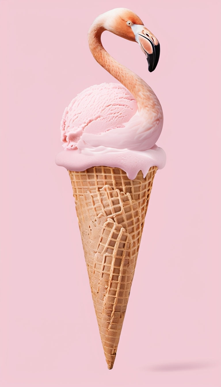 Whimsical Flamingo Ice Cream Cone Art on Pink Background Mobile Wallpaper