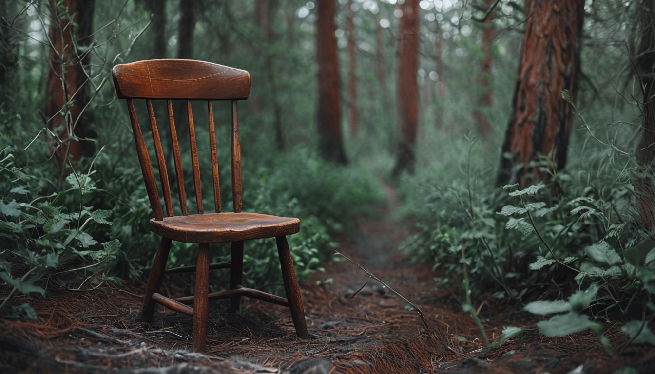 Rustic Wooden Chair Surrounded by Serene Forest Backgrounds