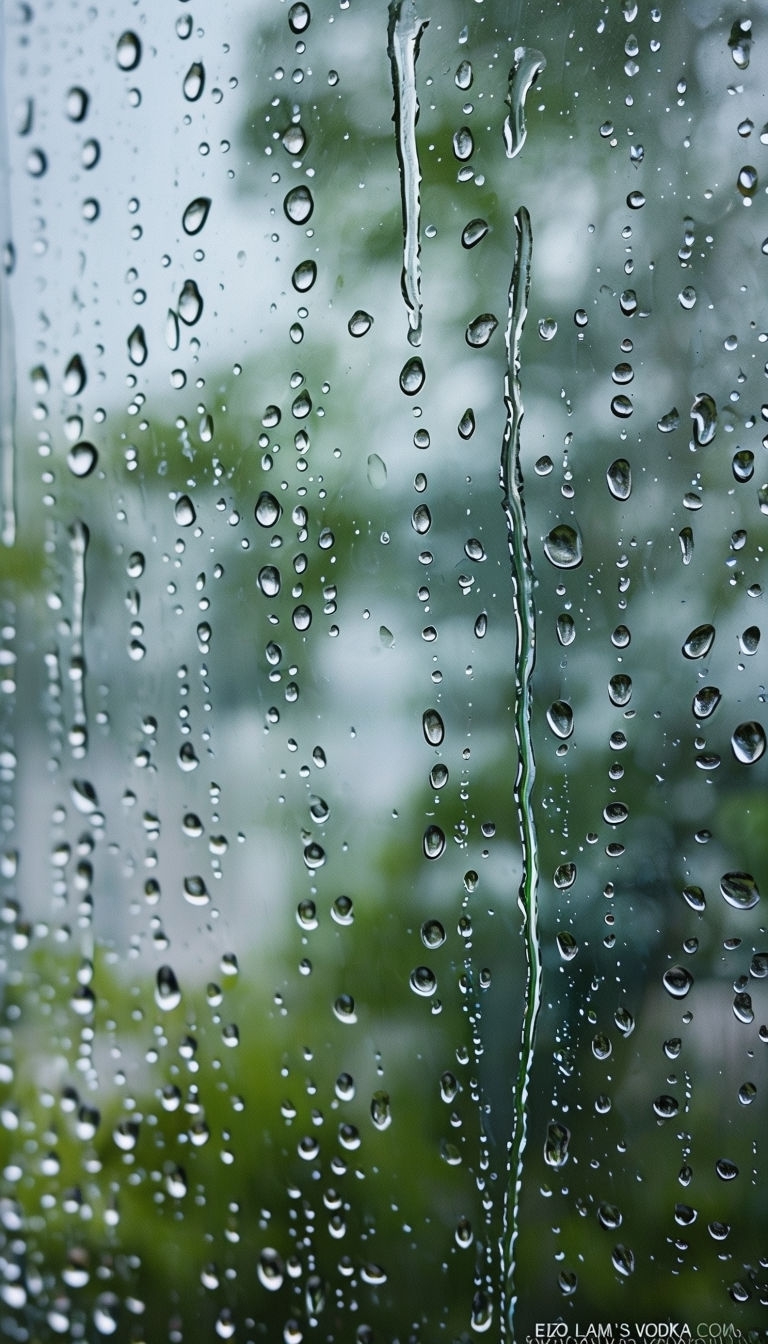Serene Raindrops on Window with Green Foliage Background Mobile Wallpaper