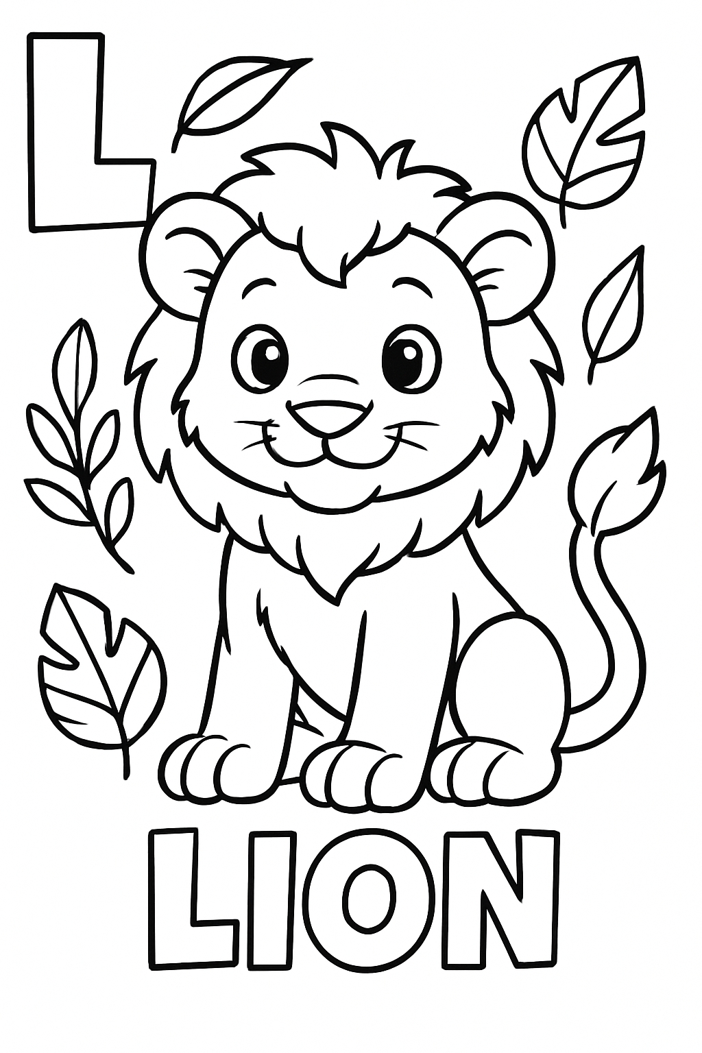 Cute Cartoon Lion Coloring Page with Surrounding Leaves