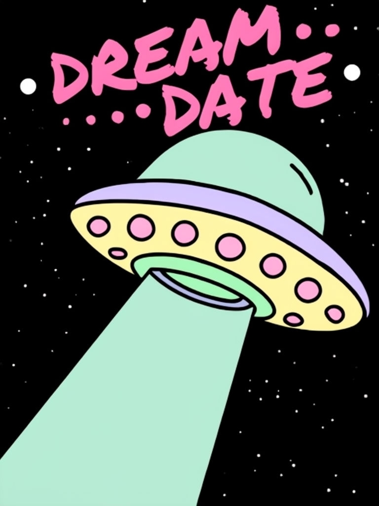 Whimsical Cartoon UFO with Dream Date Text in Space Poster