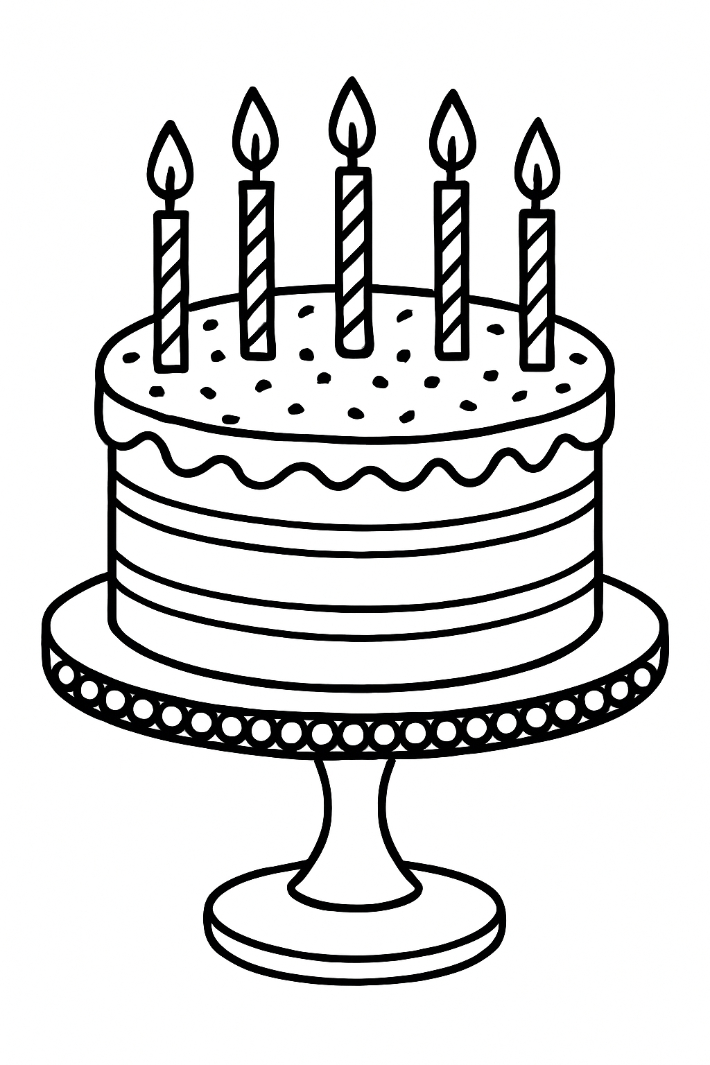 Black and White Decorative Birthday Cake Line Drawing Coloring Page