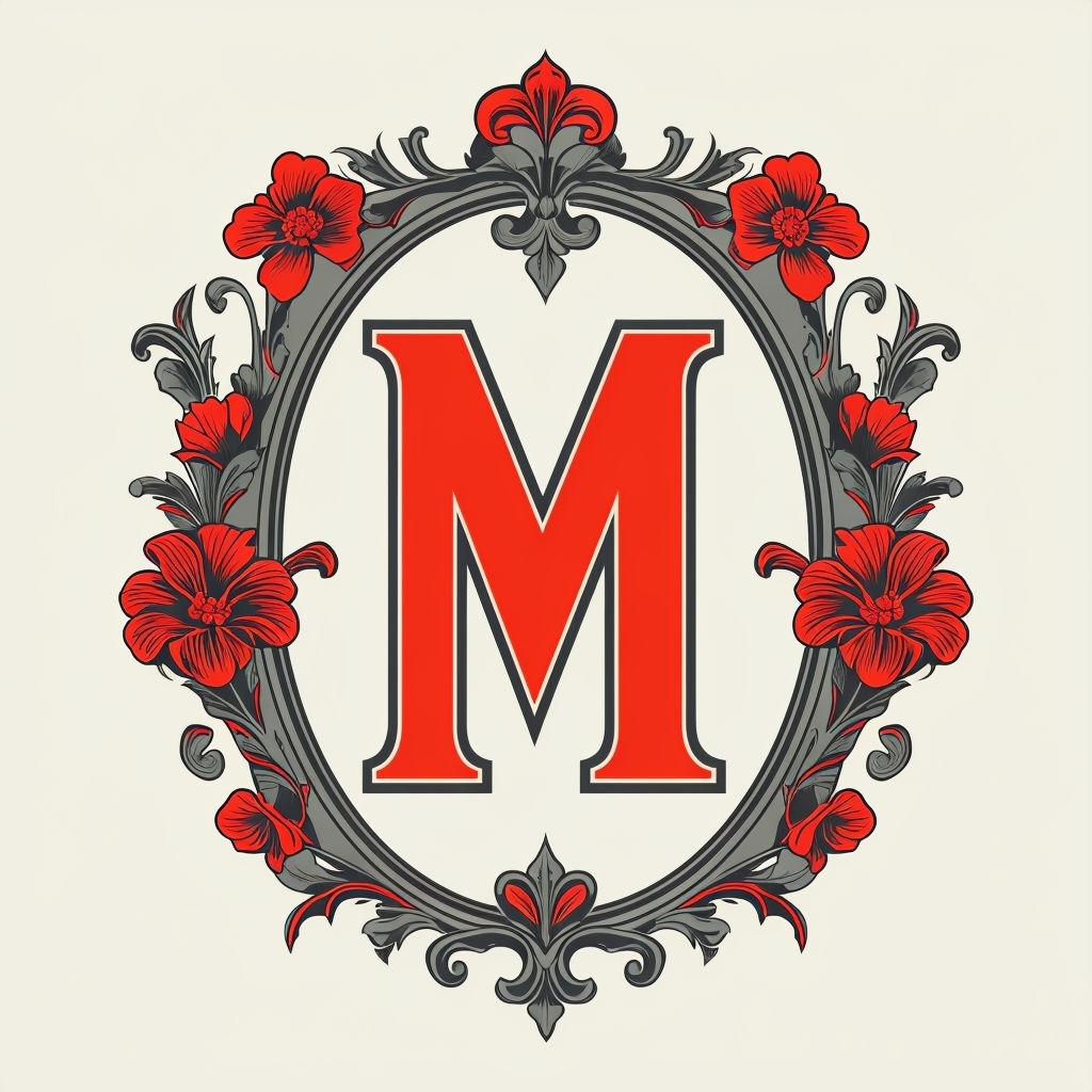 Elegant Vintage Red Letter M Monogram with Floral Frame
