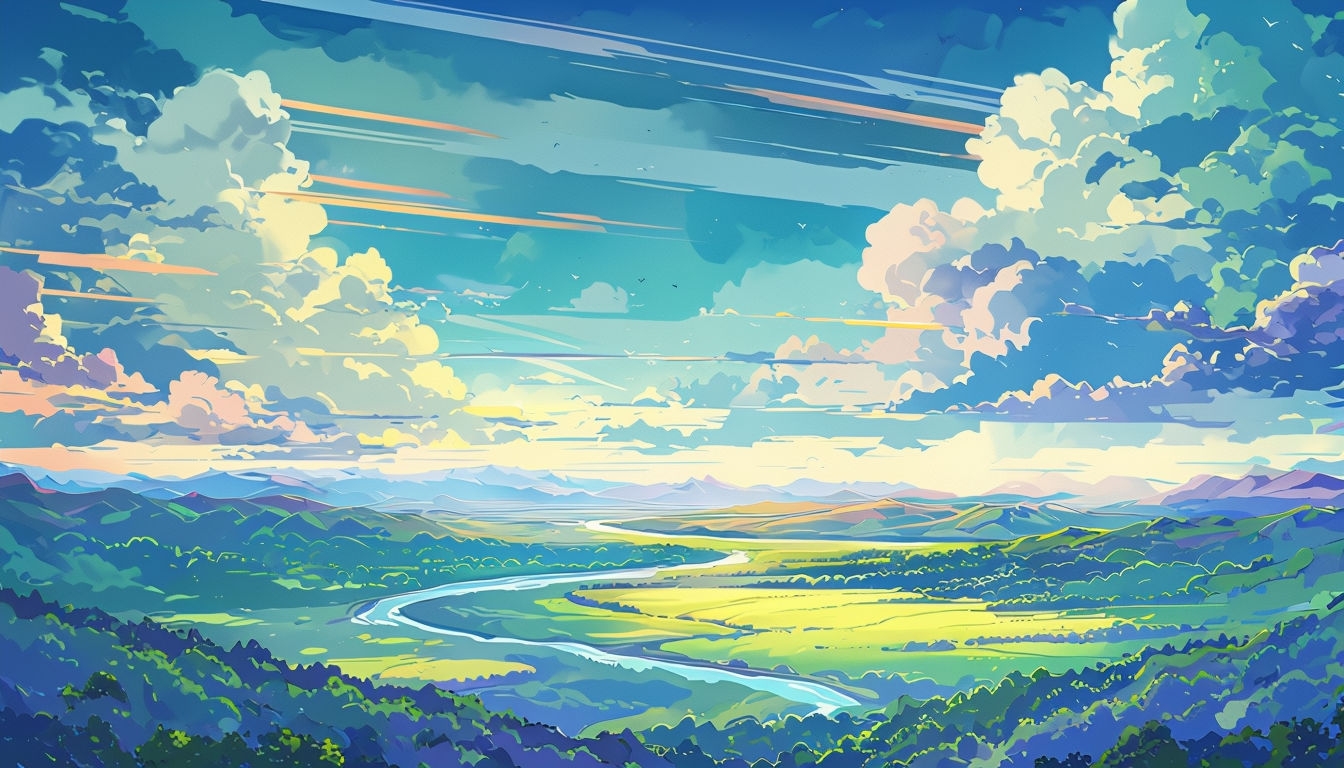 Serene Anime-Inspired Nature Landscape Background Art