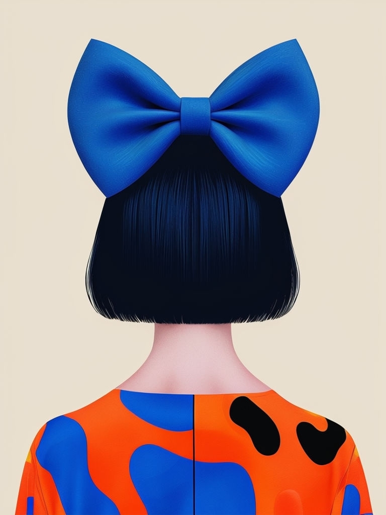 Stylized Figure with Vibrant Bow and Abstract Pattern Art