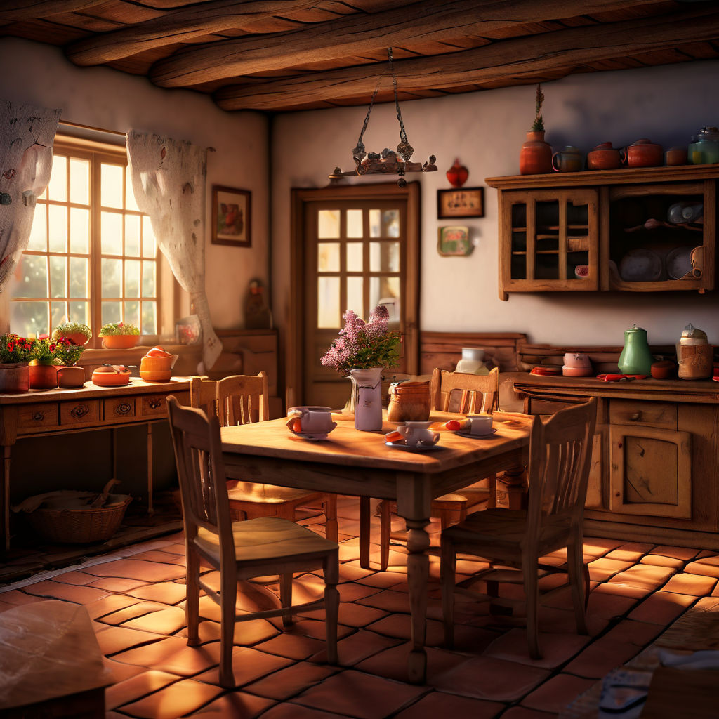 Prompt: An imagem of a grandma's dinning room where in the center there's a table with empty plates for dinner and 3 kids.  Should be relative to 80's and countryside. Everything in realistic style.