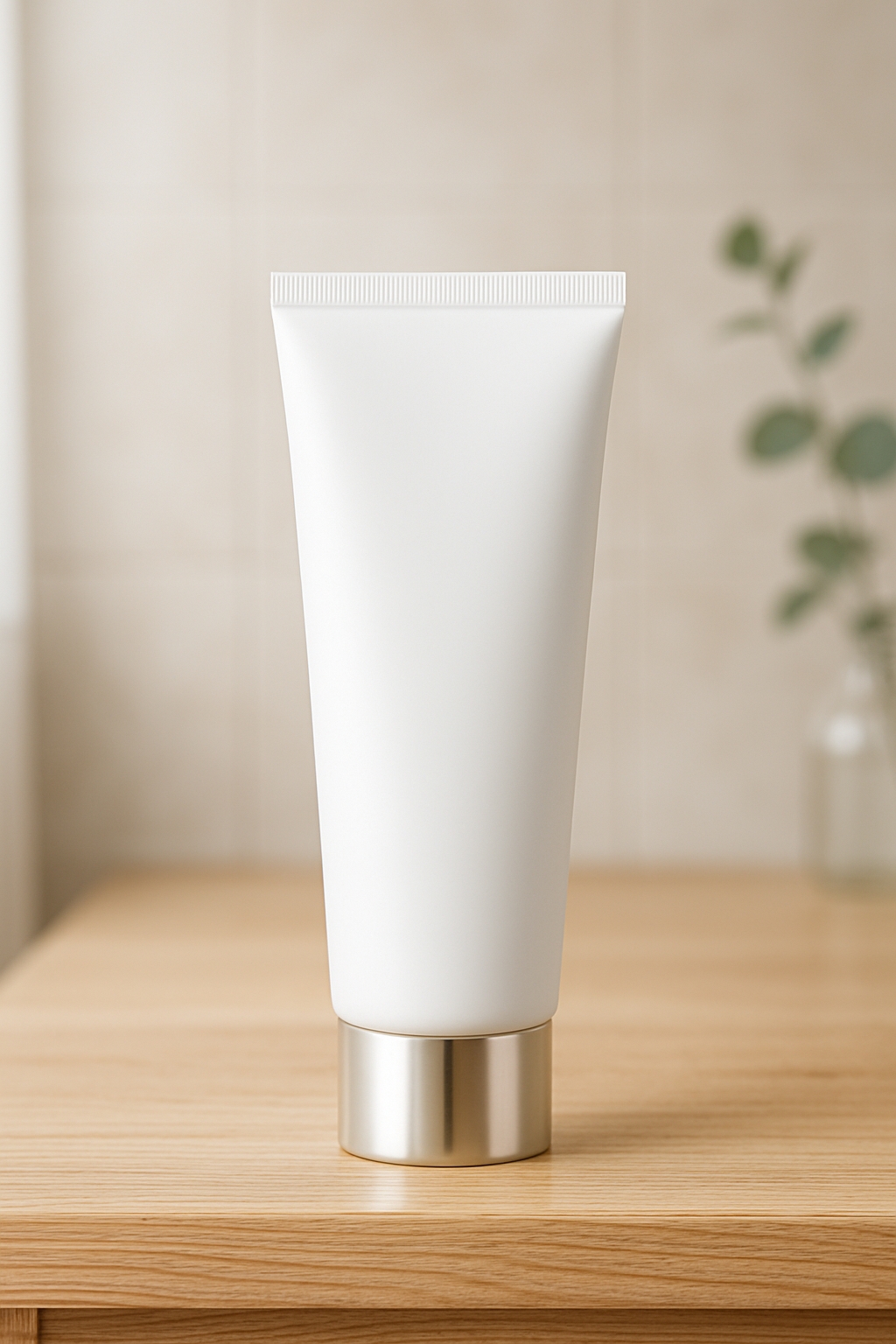 Elegant White Tube Product Mockup on Wooden Surface