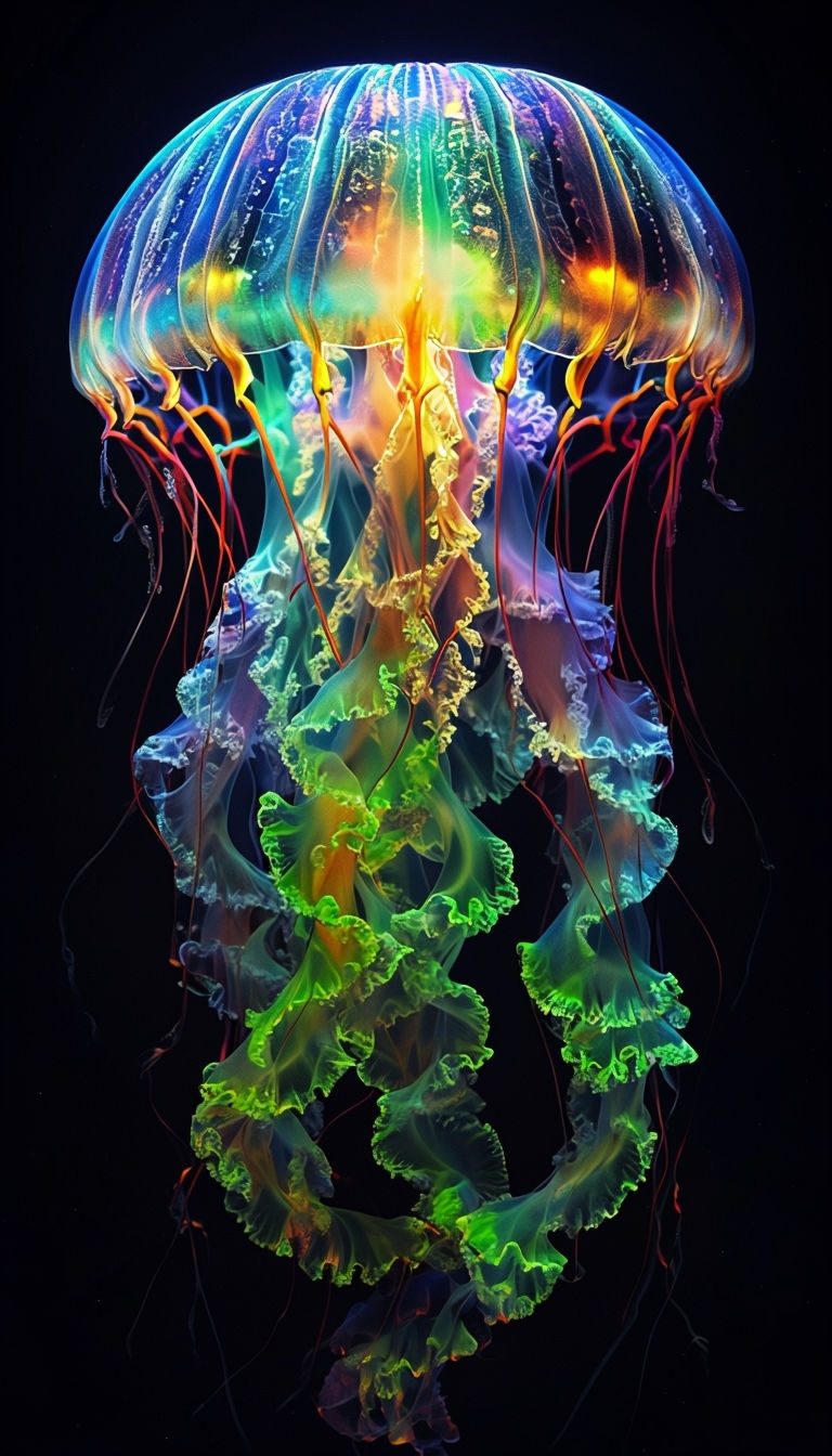 Illuminated Jellyfish Art with Neon Colors on Black Background Mobile Wallpaper