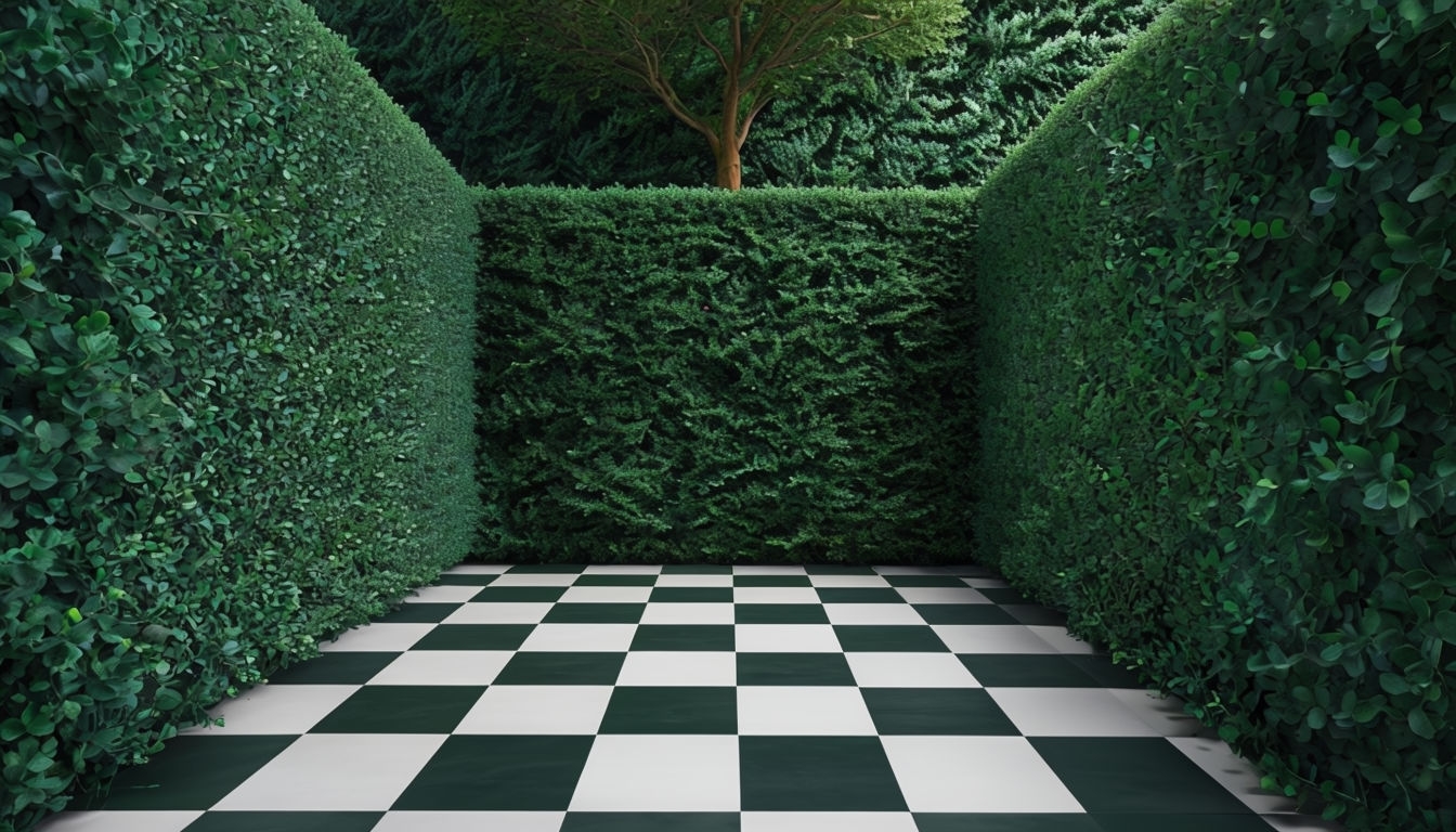 Surreal Green Hedge Corridor with Checkered Floor Virtual Background