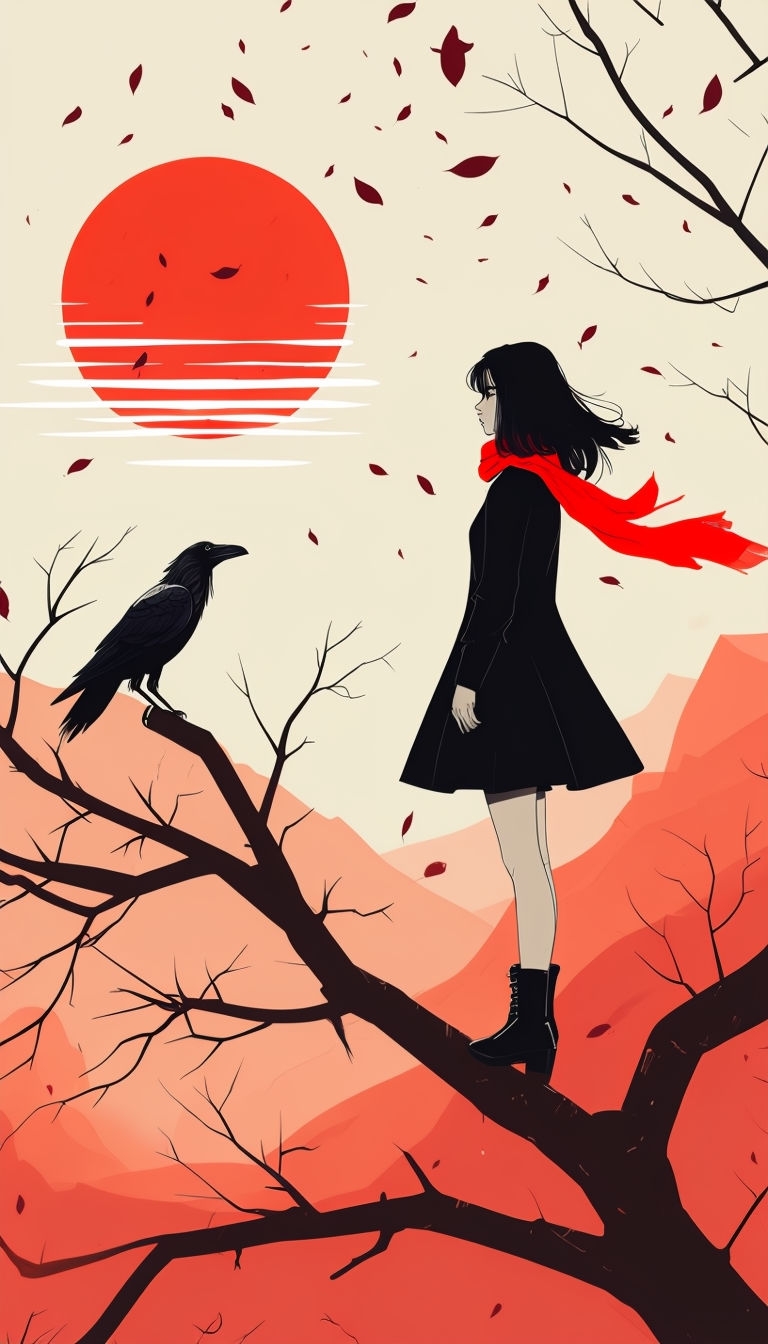 Serene Minimalist Woman with Raven and Autumn Leaves Mobile Wallpaper