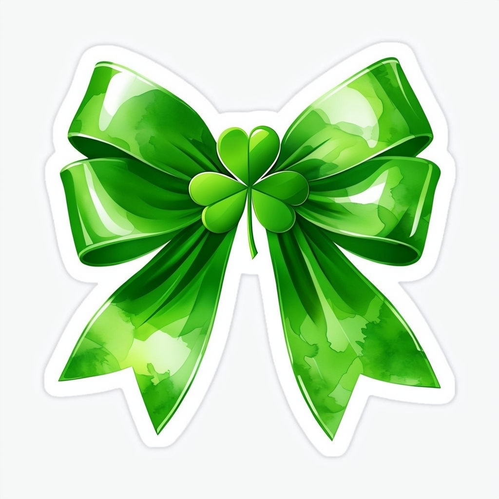 Glossy Green Bow with Three-Leaf Clover Design Sticker