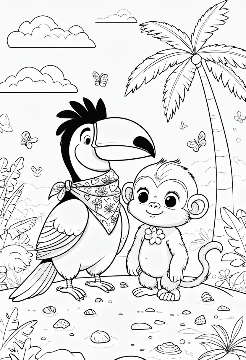 Tropical Toucan and Monkey Characters Coloring Page